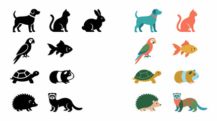 Obraz premium Versatile vector illustrations of common household pets, including dogs, cats, rabbits, and fish. Each animal is presented in contrasting minimalist black silhouette and vibrant flat color styles