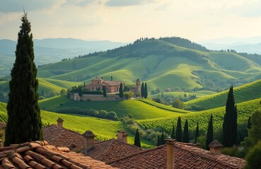 Obraz premium Rolling green hills and vineyards in Tuscany feature a stone villa and cypress trees. Distant mountains and clouds complete the pastoral landscape. Rural Italian countryside.