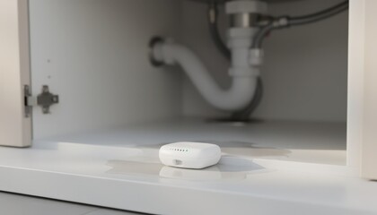 Close medium shot of a water leak sensor underneath a kitchen sink sensor detail crisp and plumbing softly out of focus capturing realtime IoT leak alert capabilities.