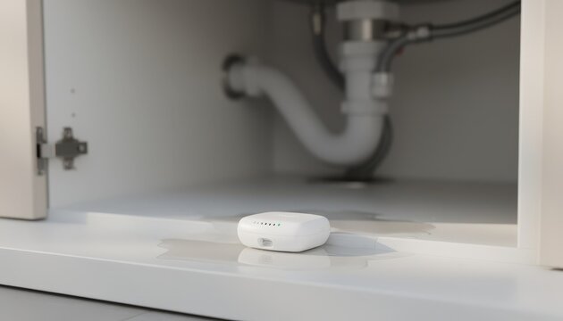 Close medium shot of a water leak sensor underneath a kitchen sink sensor detail crisp and plumbing softly out of focus capturing realtime IoT leak alert capabilities.