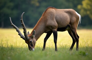 Obraz premium Wild ibex with large curved horns grazes on a rich green meadow. The mammal is a herbivore feeding on grass in its natural habitat during daytime. Wildlife photo.