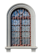 Round-arched window with wrought-iron grilles decorated in Baroque style, set within a monumental frame of plastered masonry.  Eclectic-style structure from the early 1900s, isolated © framarzo