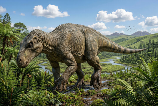 Large iguanodon dinosaur walking on lush green terrain in a prehistoric environment with a winding river