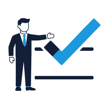 Businessman in a suit making a checkmark gesture with a vector