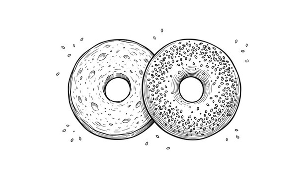 Detailed black and white drawing of two bagels with seeds