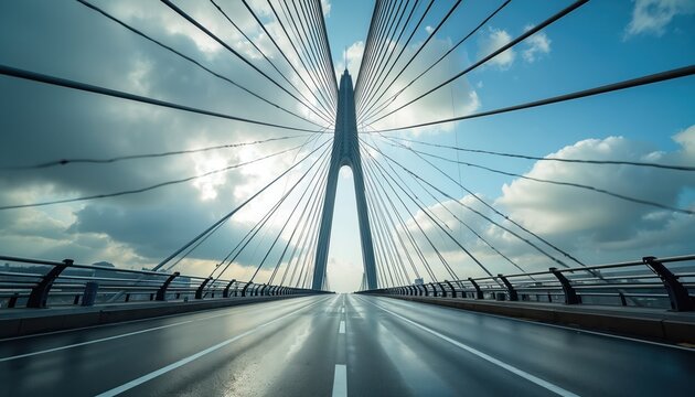 Modern suspension bridge leads to city skyline under dramatic cloudy sky. Strong architectural lines converge towards the center tower. Road surface reflects light, showing an empty highway.