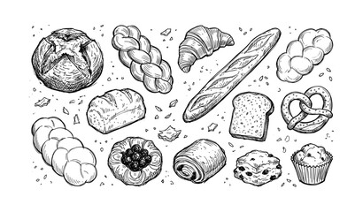 Obraz premium Assorted hand-drawn bakery items: bread, pastries, and pretzel in sketch style