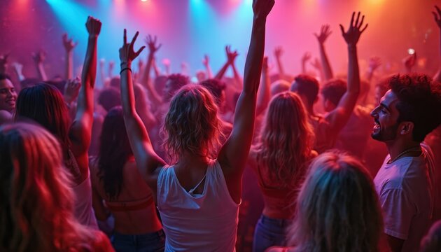 People dance and cheer at a lively music concert or club event. Colorful lights illuminate the energetic crowd enjoying a night out with friends, feeling joy and excitement.