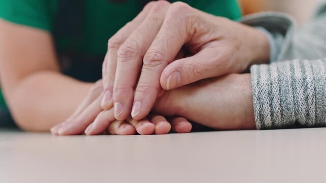 Grandparent, child and stack of hands at table, playing game together and family bonding for connection. Space, childhood or senior person with kid for fun interaction, home or playful relationship