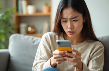Fototapeta premium Young woman looks upset at phone screen holding credit card. Frustrated person has problems paying bills online or shopping. Girl feels worried about bank account.
