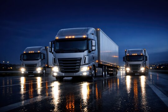 Truck convoy at night: A convoy of sleek, modern trucks navigates a glistening road at dusk, their headlights piercing through the gathering twilight. 