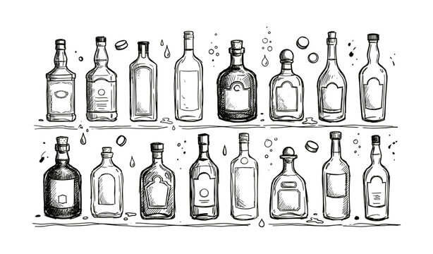 Hand-drawn assorted bottles collection with decorative design elements