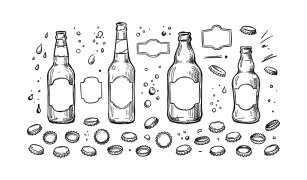 Hand-drawn beer bottles with labels and caps in black and white