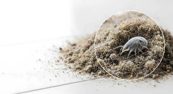 Dust mite magnified image showing microscopic details of the allergen.