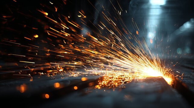 A bright spark of light illuminates a dark industrial background with flying sparks