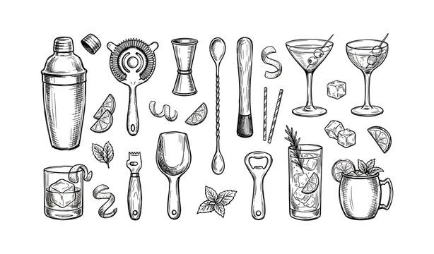 Hand-drawn cocktail bar tools and drinks collection
