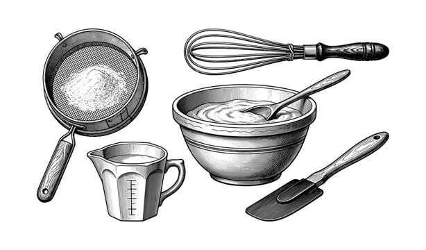 Vintage baking utensils - whisk, sifter, bowl, measuring cup, spatula illustration