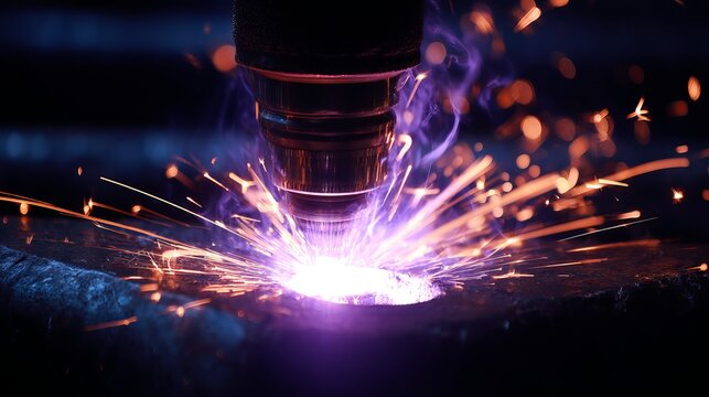 A close-up view of a welding torch in action, producing a burst of bright sparks and light on a metal surface