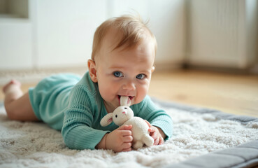 Fototapeta premium Baby boy lies on his tummy on a fluffy rug, chewing a small stuffed bunny toy. He wears a teal ribbed long sleeve shirt. His eyes are wide open and curious.