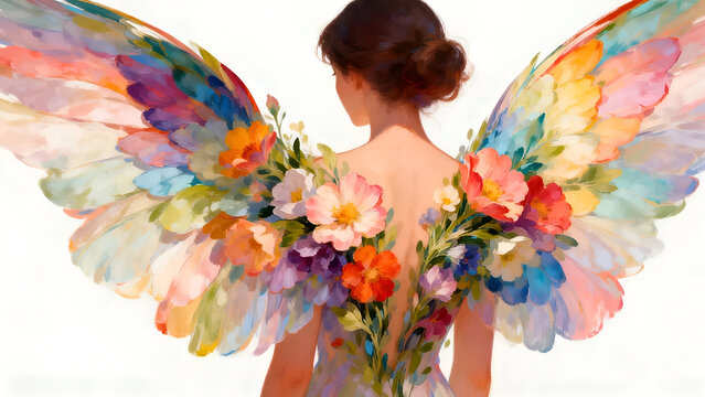 Colorful floral wings emerging from a woman's back