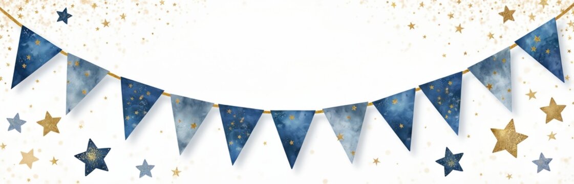Festive bunting flags with blue watercolor and gold stars create party ambiance. Triangle pennants hang on string indoors for special event decor. Cheerful celebration background.