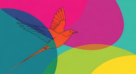 Naklejka premium A vibrant orange bird in flight amidst colorful abstract shapes and circles.