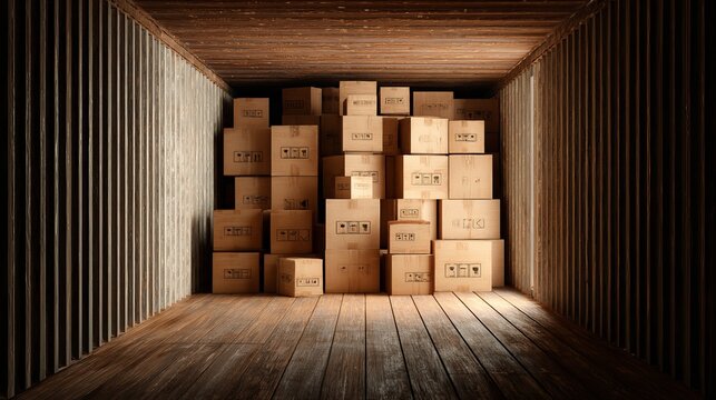A large stack of cardboard boxes in a dimly lit shipping container with wooden floors and walls.