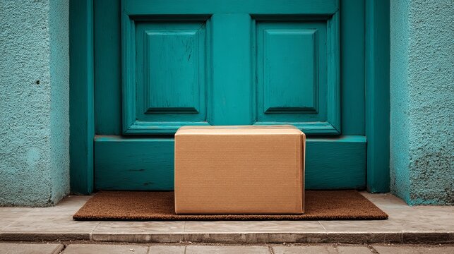 A brown cardboard box sits on a doormat in front of a teal door.