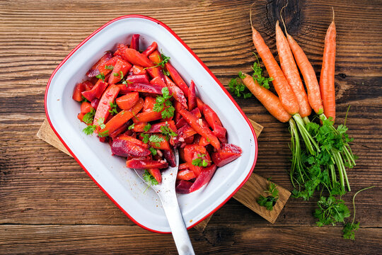 easy homemade carrot salad with marinated carrots and beets in bowl