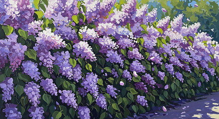 Obraz premium Vibrant lilac flowers blooming along garden pathway in spring 