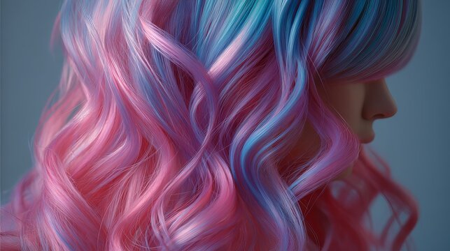 A woman with vibrant pink and blue hair against a gray background