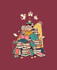 Fototapeta premium Boy Reading Books on Tall Stack in Fantasy Library