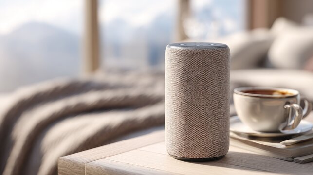Cylindrical electronic speaker device sits beside a warm beverage on a wooden surface near a window