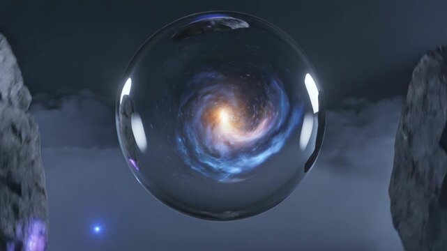 A large crystal orb glows with a vibrant galaxy inside between two rocky cliffs in a dark misty landscape.