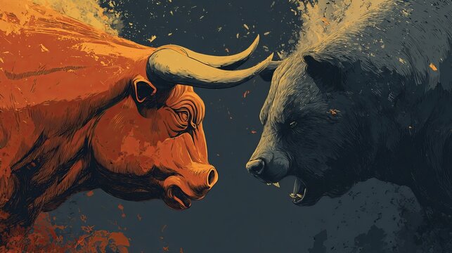 A dramatic illustration of a bull and bear facing each other in a dark and vibrant background