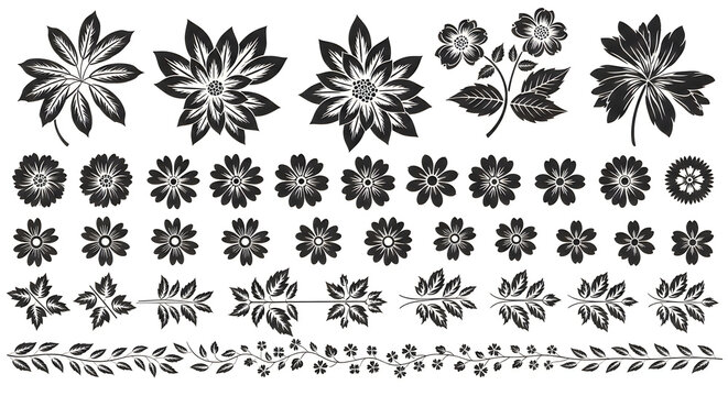 Collection of floral and leafy motifs, black botanical elements, decorative design set, white background