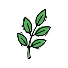 Obraz premium Green plant branch with leaves in a simple, hand-drawn style 