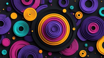 Fototapeta premium Three dimensional concentric circular shapes overlap and interlock against a dark textured background