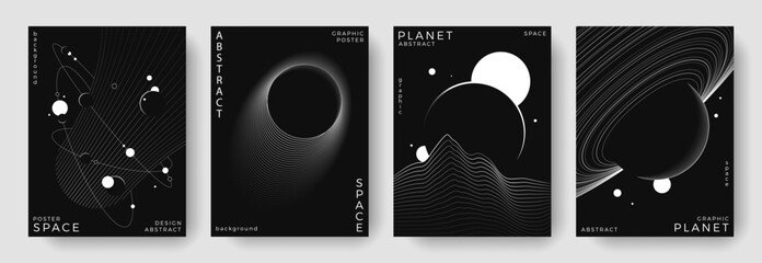 Abstract posters set of space astronomy backgrounds. Outline simple planet, galaxy, black hole. Black and white science future concept. Futuristic minimal design for cover, banner, flyer, layout © Anastasiya Stoma