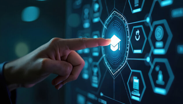 Person touches graduation cap icon on digital screen. Futuristic tech display shows education icons. Online learning system for future skills.