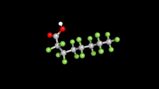 PFOA Forever Chemical 3D Animation Rotating Molecular Structure Seamless Loop Alpha Transparent Background 4K Scientific Concept