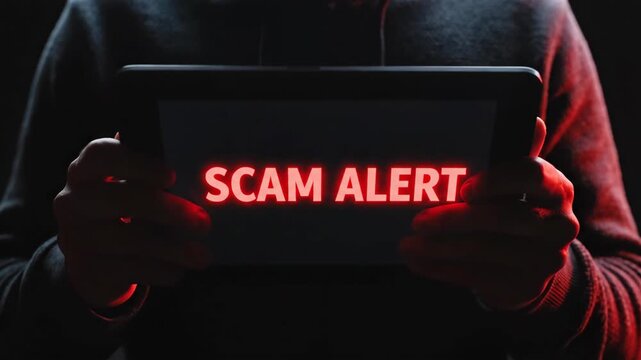 Hooded Figure Holding Tablet with SCAM ALERT Warning in Dark Setting.