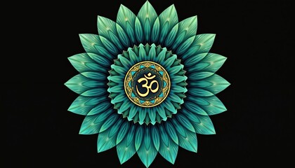 Fototapeta premium Radiant om symbol centered within intricate teal green mandala bloom. Sacred geometry pattern unfolds with detailed leaf like petals. Spiritual design represents meditation yoga calm.