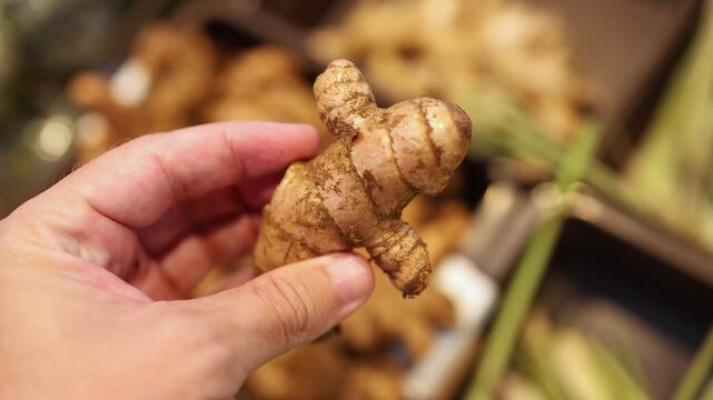 Close up of a hand holding a fresh ginger root in a supermarket. Customer choosing organic spicy ingredient in a grocery store. Healthy nutrition and natural condiment concept for cooking.