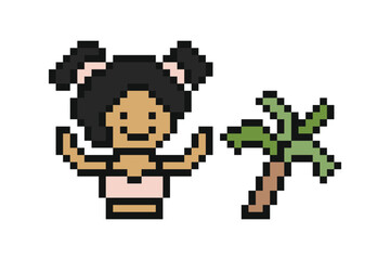 Fototapeta premium Cartoon woman in swimming suit bikini 2 piece beach summer time with 8 bit,swim,swimsuit,pool.