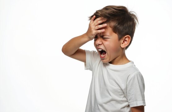 Young boy with hand on forehead cries out loud in despair. Child expresses frustration regret and panic isolated on white background. Kid feels stressed unhappy.