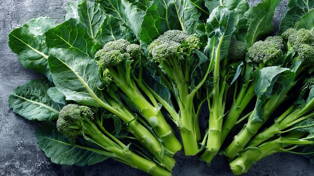 A vibrant bunch of fresh broccoli on a dark gray surface