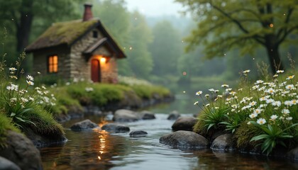 Naklejka premium Small stone cottage with mossy roof sits by a stream. Wild daisies grow on the bank. The warm light from the window creates a cozy, inviting atmosphere.