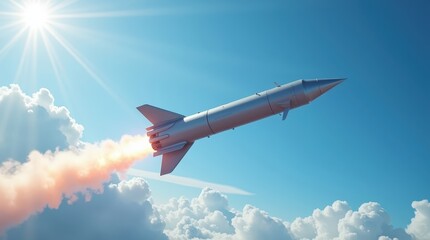 Fototapeta premium Rocket launching into clear blue sky with fiery exhaust trail. Aerospace innovation concept symbolizing technology, exploration, startup growth and ambition, ideal for science and future themes
