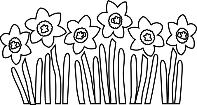水仙の花畑の風景アウトライン白黒線画イラスト